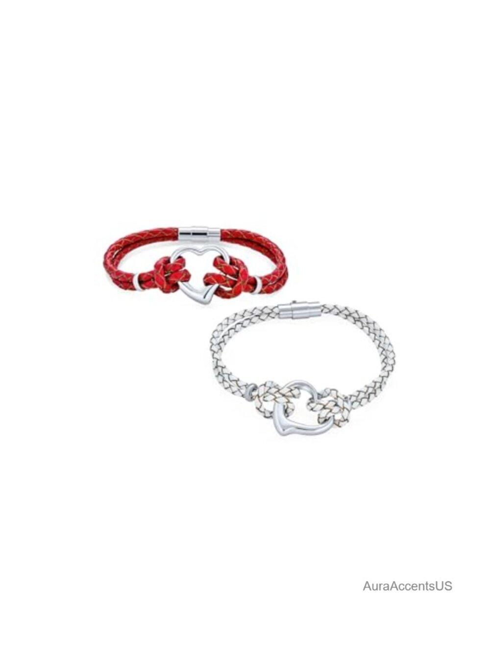 Genuine Leather Braided Cord Wrap Bracelet Set of 2 Stainless Steel Heart